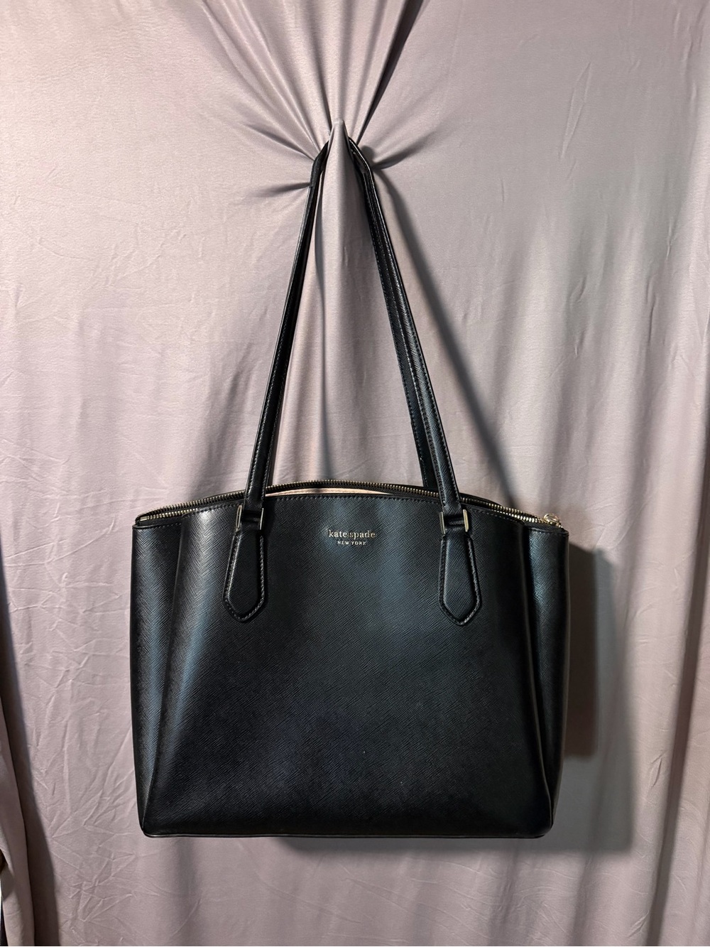 kate spade Black Leather Double-Handle Tote with Gold Hardware